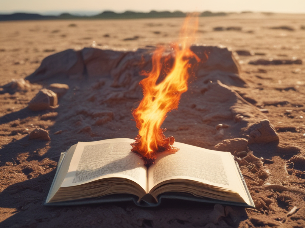 AI image of a book on fire in the desert.
